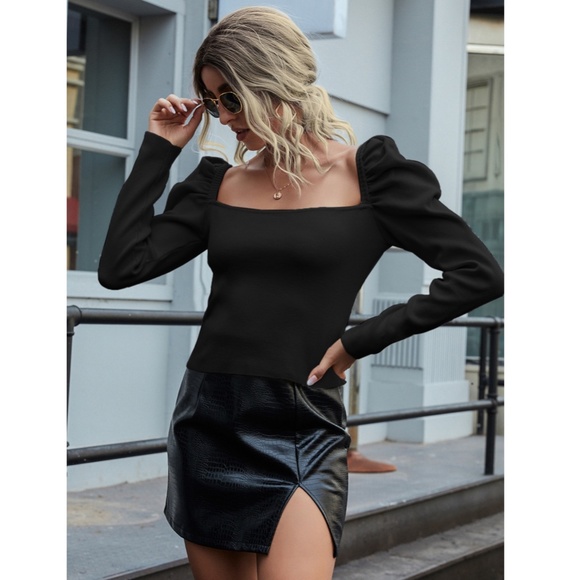 Puff Shoulder Square Neck Black Knit Top - Picture 4 of 8